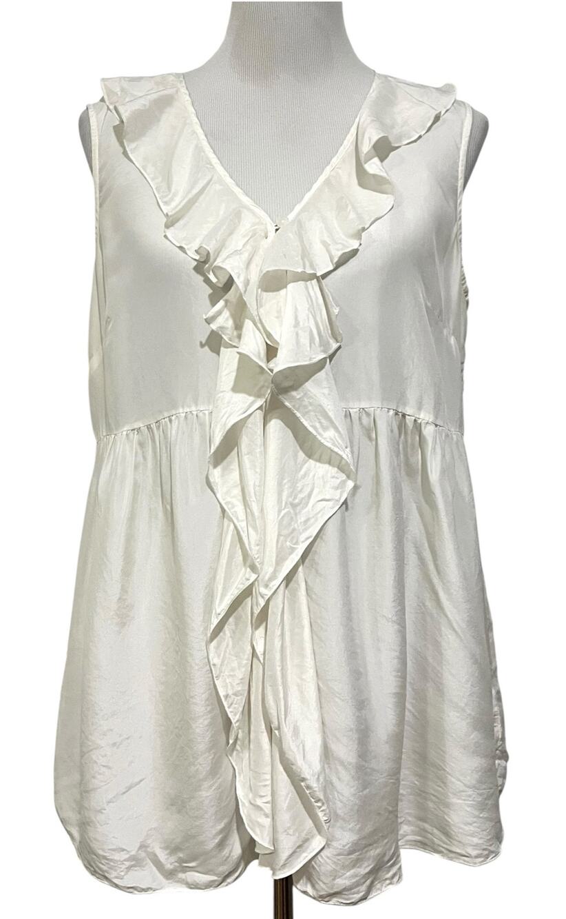 Cabi Ivory Ruffled Front 100% Silk Sleeveless Tunic Blouse Womens Size Large